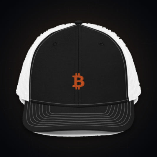 Bitcoin Embroidered Trucker Cap on dark crypto background