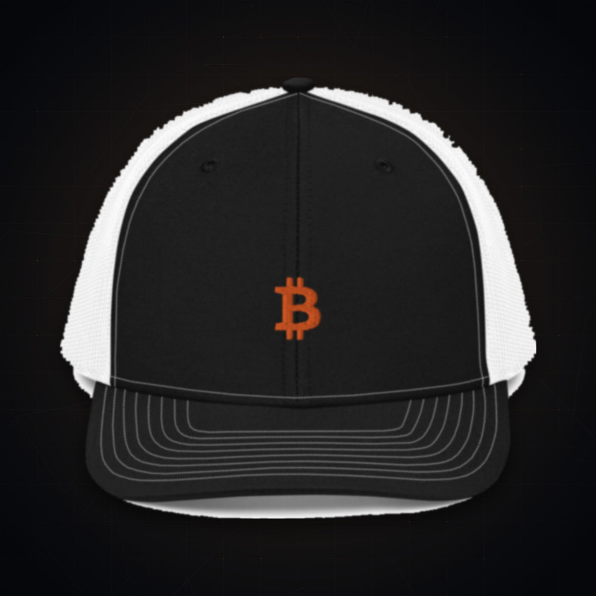 Bitcoin Embroidered Trucker Cap on dark crypto background