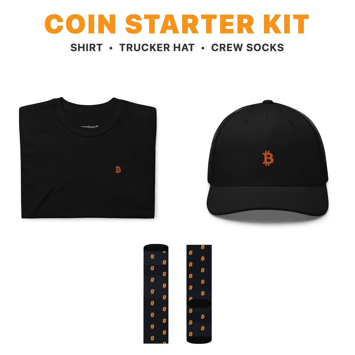 Coin Starter Kit: black embroidered Bitcoin shirt, black Bitcoin trucker hat and Bitcoin all-over crew socks