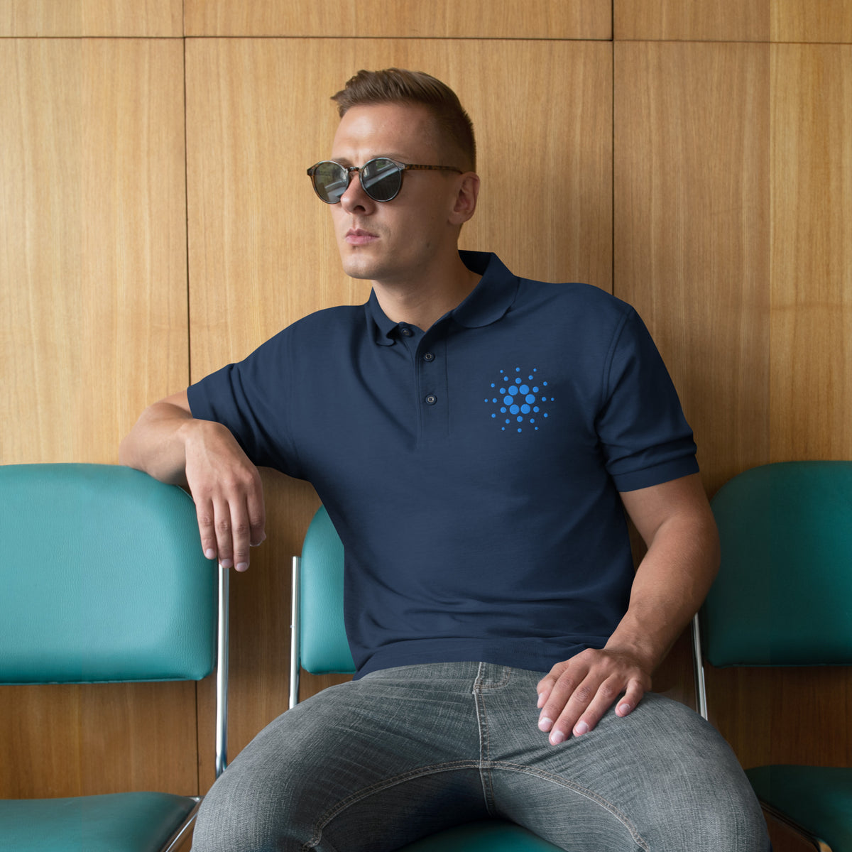 Cardano Logo Embroidered Polo Shirt, navy, front view on model
